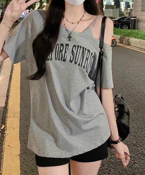 Songe(ソンジュ)の「ワンショルダーフロントプリントTシャツ(Tシャツ/カットソー・レディース・グレー/ネイビー/ホワイト・M/L)」の14枚目の写真