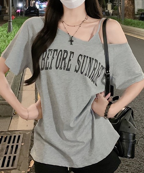 Songe(ソンジュ)の「ワンショルダーフロントプリントTシャツ(Tシャツ/カットソー・レディース・グレー/ネイビー/ホワイト・M/L)」の15枚目の写真