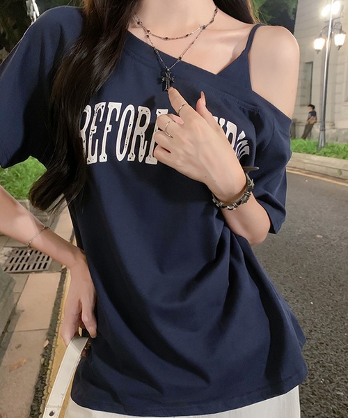 Songe(ソンジュ)の「ワンショルダーフロントプリントTシャツ(Tシャツ/カットソー・レディース・グレー/ネイビー/ホワイト・M/L)」の22枚目の写真