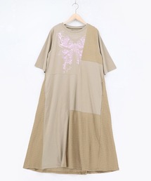 iS ScoLar | 561226：ラメ入りアンティーク柄アシメ異素材切替ワンピース(ワンピース)