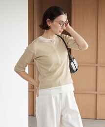 【WEB限定】ランダムリブ ヘンリーネック スナップ 5分袖Tシャツ
