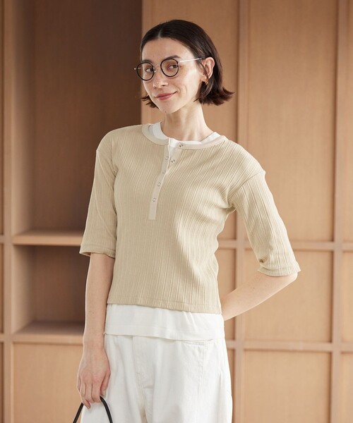 BEAUTY&YOUTH UNITED ARROWS(ビューティーアンドユースユナイテッドアローズ)の「【WEB限定】ランダムリブ ヘンリーネック スナップ 5分袖Tシャツ(Tシャツ/カットソー・レディース・ライム/ネイビー/ベージュ/ライトピンク・FREE)」の6枚目の写真