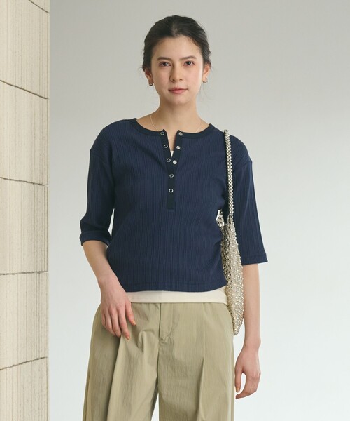 BEAUTY&YOUTH UNITED ARROWS(ビューティーアンドユースユナイテッドアローズ)の「【WEB限定】ランダムリブ ヘンリーネック スナップ 5分袖Tシャツ(Tシャツ/カットソー・レディース・ライム/ネイビー/ベージュ/ライトピンク・FREE)」の13枚目の写真