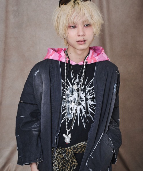 GALFY（ガルフィー）の「GALFY（ガルフィー）おしゃぶりワンワンTパーカー/半袖パーカー/ビッグシルエット 迷彩フード フェイクレイヤード（パーカー・メンズ・ブラック/ホワイト/グレイッシュベージュ・LL/L/M）」の11枚目の写真