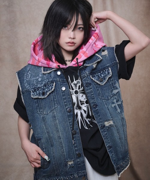 GALFY（ガルフィー）の「GALFY（ガルフィー）おしゃぶりワンワンTパーカー/半袖パーカー/ビッグシルエット 迷彩フード フェイクレイヤード（パーカー・メンズ・ブラック/ホワイト/グレイッシュベージュ・LL/L/M）」の8枚目の写真
