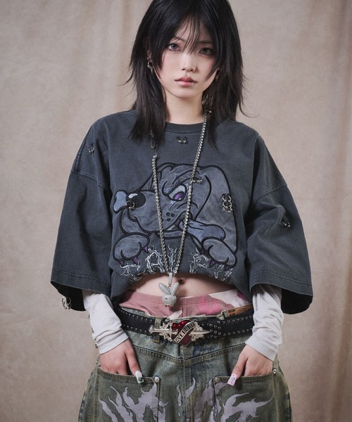 GALFY（ガルフィー）の「GALFY（ガルフィー）バチバチピアスTEE/ビッグプリント 半袖Tシャツ ストリート グランジ ユニセックス（Tシャツ/カットソー・メンズ・スミクロ/ブラック/ブラック系その他・M/L/LL）」の20枚目の写真