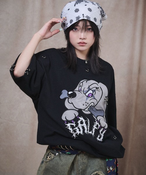 GALFY（ガルフィー）の「GALFY（ガルフィー）バチバチピアスTEE/ビッグプリント 半袖Tシャツ ストリート グランジ ユニセックス（Tシャツ/カットソー・メンズ・スミクロ/ブラック/ブラック系その他・M/L/LL）」の18枚目の写真