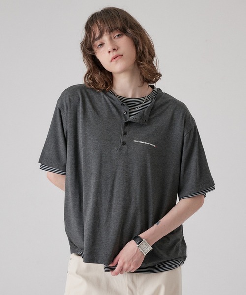 ONCILY(オンシェリー)の「BORDER LAYERED HENLEY TEE "SET" / ボーダーレイヤードヘンリートップスセット(Tシャツ/カットソー・メンズ・アイボリー/ブラック/ライトブルー/ブラック系その他/チャコールグレー・SMALL/MEDIUM/LARGE)」の1枚目の写真