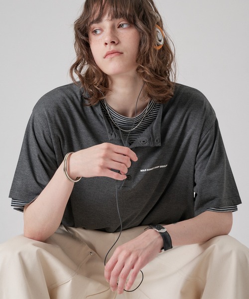 ONCILY(オンシェリー)の「BORDER LAYERED HENLEY TEE "SET" / ボーダーレイヤードヘンリートップスセット(Tシャツ/カットソー・メンズ・アイボリー/ブラック/ライトブルー/ブラック系その他/チャコールグレー・SMALL/MEDIUM/LARGE)」の6枚目の写真