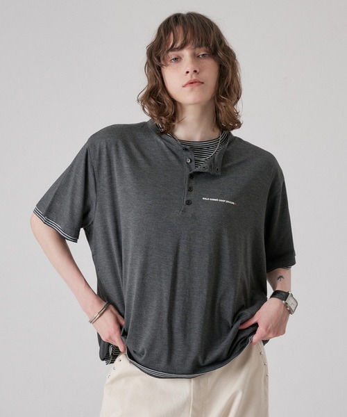 ONCILY(オンシェリー)の「BORDER LAYERED HENLEY TEE "SET" / ボーダーレイヤードヘンリートップスセット(Tシャツ/カットソー・メンズ・アイボリー/ブラック/ライトブルー/ブラック系その他/チャコールグレー・SMALL/MEDIUM/LARGE)」の8枚目の写真
