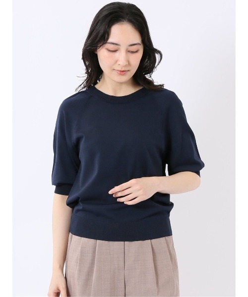 m.f.editorial（エムエフエディトリアル）の「【ストレッチ 接触冷感 UV ウォッシャブル】タカキュー レディース 快適機能 ラグラン 半袖 ニット プルオーバー（ニット/セーター・レディース・アイボリー/ネイビー・M/L）」の2枚目の写真