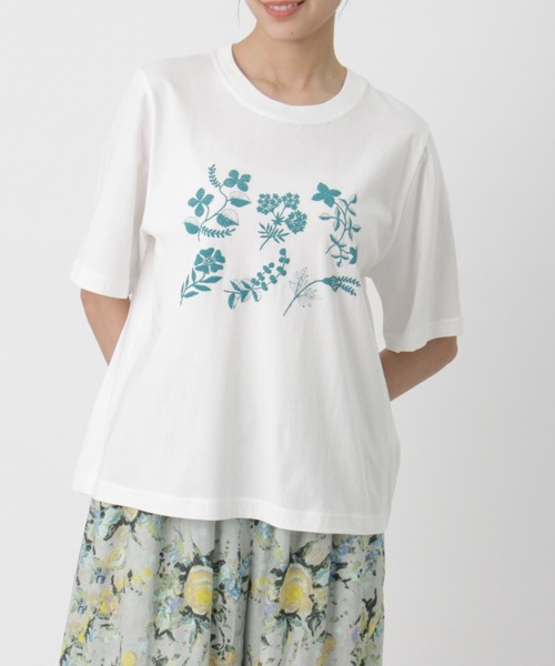 SUPER HAKKA(スーパーハッカ)の「30/-天竺ニードルタッチフラワー発泡プリントTシャツ(Tシャツ/カットソー・レディース・ネイビー/カーキ/オフホワイト・FREE)」の1枚目の写真
