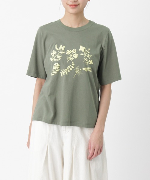 SUPER HAKKA(スーパーハッカ)の「30/-天竺ニードルタッチフラワー発泡プリントTシャツ(Tシャツ/カットソー・レディース・ネイビー/カーキ/オフホワイト・FREE)」の2枚目の写真