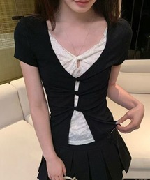 【2color】レイヤード風レースドッキングトップス