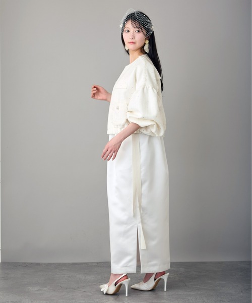 Ranerrh(ラネリ)の「スパンコールツイードノーカラージャケット【結婚式・二次会・パーティー】【入卒園・入卒式】【オケージョン・セレモニー】【パンツスタイルウエディング】(ノーカラージャケット・レディース・ブラック/オフホワイト・38)」の9枚目の写真