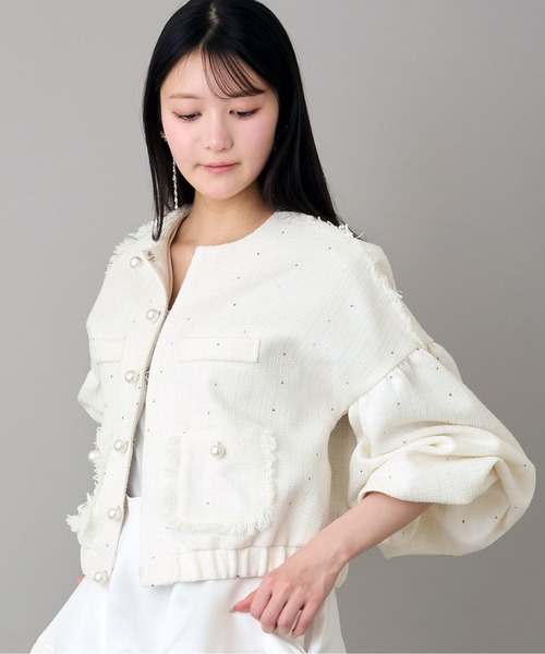 Ranerrh(ラネリ)の「スパンコールツイードノーカラージャケット【結婚式・二次会・パーティー】【入卒園・入卒式】【オケージョン・セレモニー】【パンツスタイルウエディング】(ノーカラージャケット・レディース・ブラック/オフホワイト・38)」の15枚目の写真