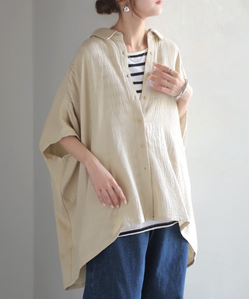 HUG.U(ハグユー)の「わたあめガーゼ 綿100% 半袖シャツ(シャツ/ブラウス・レディース・ライラック/ブラック/ホワイト/ナチュラル/オレンジ・FREE)」の4枚目の写真