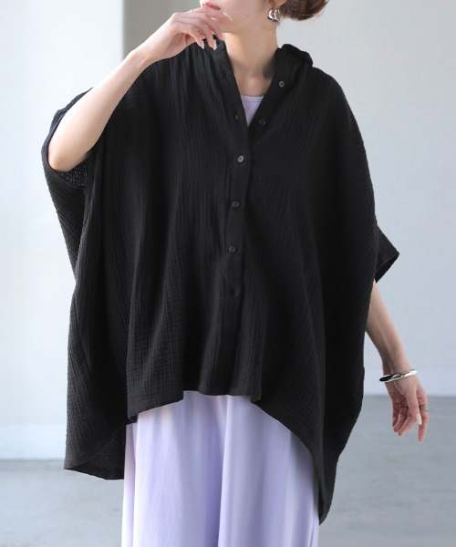 HUG.U(ハグユー)の「わたあめガーゼ 綿100% 半袖シャツ(シャツ/ブラウス・レディース・ライラック/ブラック/ホワイト/ナチュラル/オレンジ・FREE)」の18枚目の写真