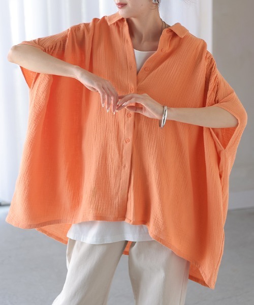 HUG.U(ハグユー)の「わたあめガーゼ 綿100% 半袖シャツ(シャツ/ブラウス・レディース・ライラック/ブラック/ホワイト/ナチュラル/オレンジ・FREE)」の8枚目の写真