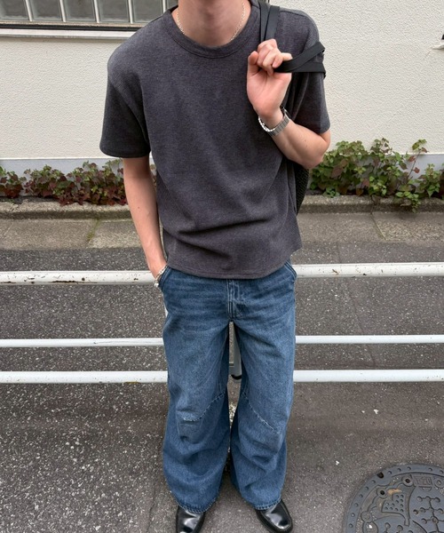 Chikashitsu +(チカシツプラス)の「【Chikashitsu +】waffle cropped half sleeve tee (4color) / 【チカシツプラス】ワッフルクロップド半袖Tシャツ<着用動画あり>(Tシャツ/カットソー・メンズ・グレー/ホワイト/チャコール/ブラック・L/M)」の21枚目の写真