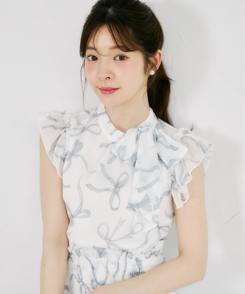 tocco closet(トッコ クローゼット)の「リボンプリントシフォンフリルブラウス(シャツ/ブラウス・レディース・ブラック/ピンク・M)」の7枚目の写真