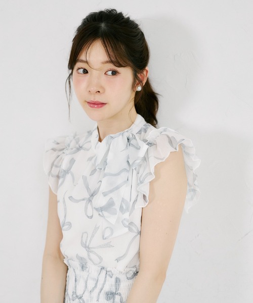 tocco closet(トッコ クローゼット)の「リボンプリントシフォンフリルブラウス(シャツ/ブラウス・レディース・ブラック/ピンク・M)」の8枚目の写真