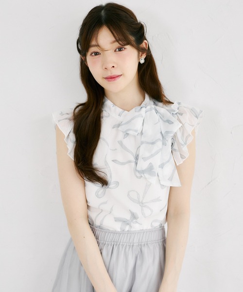 tocco closet(トッコ クローゼット)の「リボンプリントシフォンフリルブラウス(シャツ/ブラウス・レディース・ブラック/ピンク・M)」の14枚目の写真