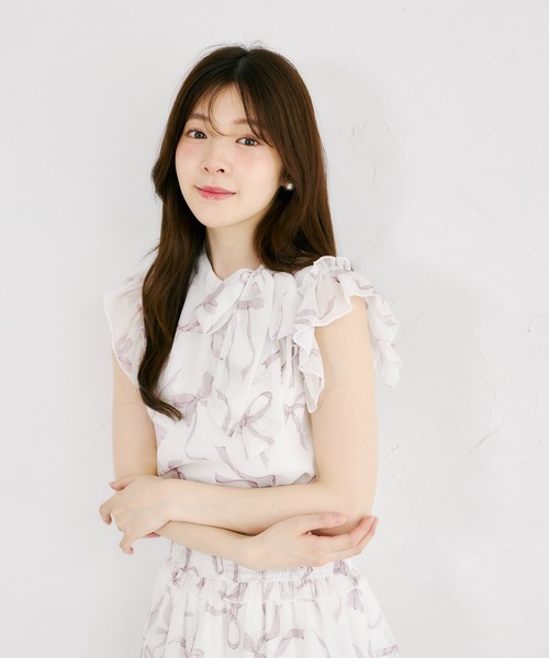 tocco closet(トッコ クローゼット)の「リボンプリントシフォンフリルブラウス(シャツ/ブラウス・レディース・ブラック/ピンク・M)」の21枚目の写真