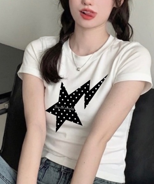 SHEPP(シープ)の「Y2K スター グラフィック タイトTシャツ 半袖コンパクトT(Tシャツ/カットソー・レディース・ホワイト・S/M)」の8枚目の写真