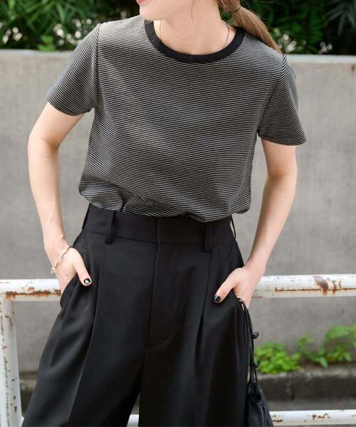 OUTDOOR PRODUCTS(アウトドアプロダクツ)の「リンガーボーダーTEE セットアップ対応(Tシャツ/カットソー・レディース・ネイビー/グレー/ブラック/イエロー・FREE)」の2枚目の写真