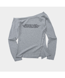 アンバランススナップボタンボートネックレタリングオフショルダー長袖Tシャツ_3COLOR