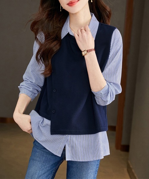 ReRe(リリ)の「ベスト風×ストライプ柄レイヤードシャツ(シャツ/ブラウス・レディース・ネイビー・MEDIUM/X-LARGE/LARGE)」の2枚目の写真
