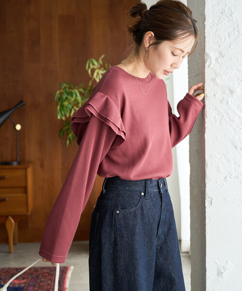 FREAK'S STORE(フリークスストア)の「限定展開 ワッフル フリル 袖 ロングスリーブ プルオーバー(Tシャツ/カットソー・レディース・グレー/ネイビー/レッド/ナチュラル/チャコールグレー/ブラウン・フリ-)」の6枚目の写真