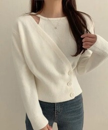 アシンメトリーボタンラップニットトップス 秋冬