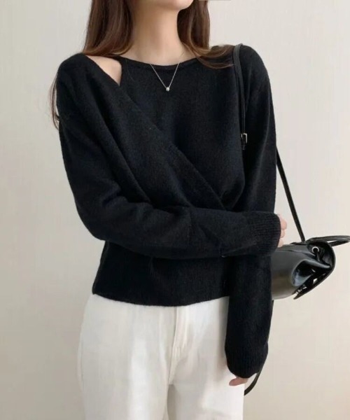 Beststore(ベストストア)の「アシンメトリーボタンラップニットトップス(ニット/セーター・レディース・ベージュ/レッド/ピンク/オフホワイト/イエロー/ダークグレー/ダークブルー/ブラック・FREE)」の12枚目の写真