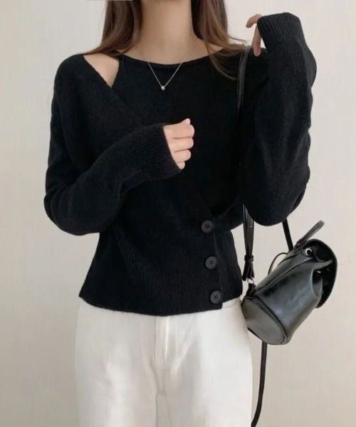 Beststore(ベストストア)の「アシンメトリーボタンラップニットトップス(ニット/セーター・レディース・ベージュ/レッド/ピンク/オフホワイト/イエロー/ダークグレー/ダークブルー/ブラック・FREE)」の13枚目の写真