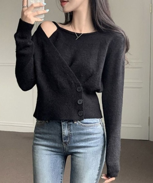 Beststore(ベストストア)の「アシンメトリーボタンラップニットトップス(ニット/セーター・レディース・ベージュ/レッド/ピンク/オフホワイト/イエロー/ダークグレー/ダークブルー/ブラック・FREE)」の16枚目の写真