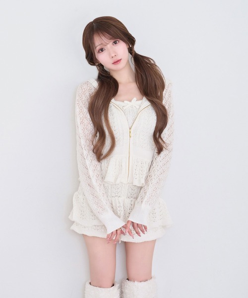 Rose Muse（ロゼミューズ）の「Crochet knit hoodie pants set（セットアップ・レディース・オフホワイト/ピンク・FREE）」の4枚目の写真