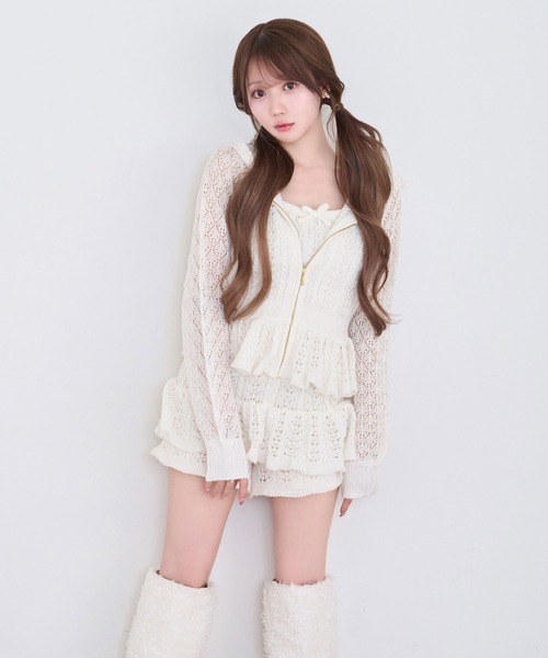 Rose Muse（ロゼミューズ）の「Crochet knit hoodie pants set（セットアップ・レディース・オフホワイト/ピンク・FREE）」の5枚目の写真