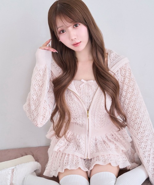 Rose Muse（ロゼミューズ）の「Crochet knit hoodie pants set（セットアップ・レディース・オフホワイト/ピンク・FREE）」の11枚目の写真