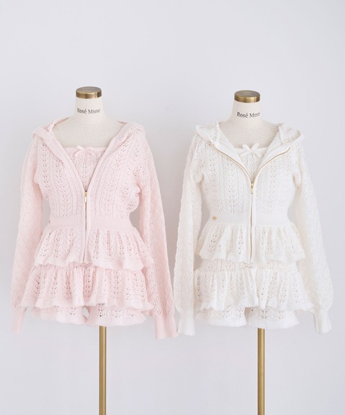 Rose Muse（ロゼミューズ）の「Crochet knit hoodie pants set（セットアップ・レディース・オフホワイト/ピンク・FREE）」の3枚目の写真