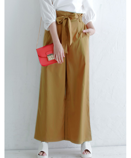 Re:EDIT（リエディ）の「ウエストリボンワイドパンツ（その他パンツ・レディース・ベージュ/マスタード/ネイビー/ホワイト/レッド/ブラック/グリーン・LARGE/SMALL/MEDIUM）」の4枚目の写真