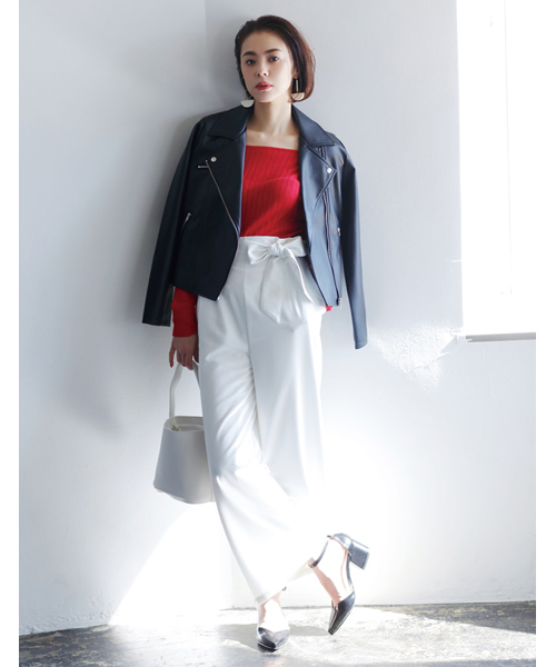 Re:EDIT（リエディ）の「ウエストリボンワイドパンツ（その他パンツ・レディース・ベージュ/マスタード/ネイビー/ホワイト/レッド/ブラック/グリーン・LARGE/SMALL/MEDIUM）」の15枚目の写真