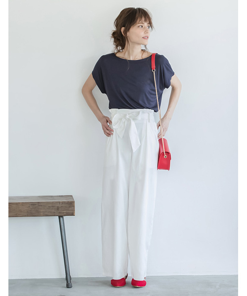 Re:EDIT（リエディ）の「ウエストリボンワイドパンツ（その他パンツ・レディース・ベージュ/マスタード/ネイビー/ホワイト/レッド/ブラック/グリーン・LARGE/SMALL/MEDIUM）」の16枚目の写真