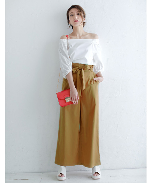 Re:EDIT（リエディ）の「ウエストリボンワイドパンツ（その他パンツ・レディース・ベージュ/マスタード/ネイビー/ホワイト/レッド/ブラック/グリーン・LARGE/SMALL/MEDIUM）」の9枚目の写真