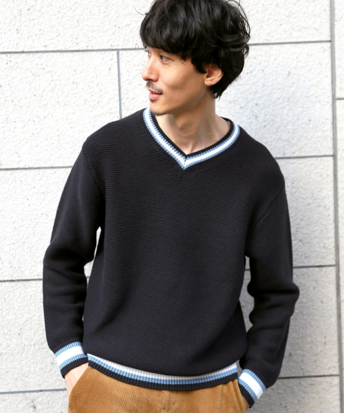 GLOBAL WORK（グローバルワーク）の「ラインＶネックガーターニット/821531（ニット/セーター・メンズ・ネイビー/グリーン系その他3/ライトベージュ/グレー・SMALL/LARGE/MEDIUM/X-LARGE）」の4枚目の写真