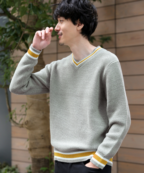 GLOBAL WORK（グローバルワーク）の「ラインＶネックガーターニット/821531（ニット/セーター・メンズ・ネイビー/グリーン系その他3/ライトベージュ/グレー・SMALL/LARGE/MEDIUM/X-LARGE）」の2枚目の写真