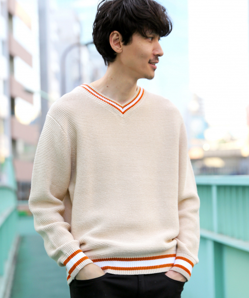 GLOBAL WORK（グローバルワーク）の「ラインＶネックガーターニット/821531（ニット/セーター・メンズ・ネイビー/グリーン系その他3/ライトベージュ/グレー・SMALL/LARGE/MEDIUM/X-LARGE）」の3枚目の写真