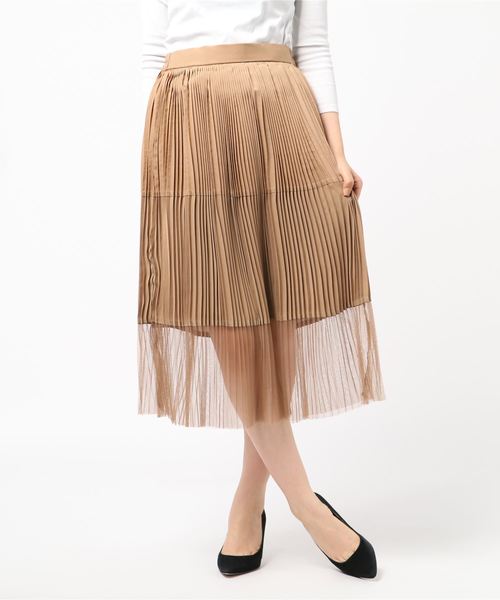 異素材切り替えミモレ丈プリーツスカート