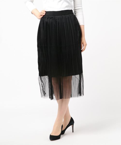 異素材切り替えミモレ丈プリーツスカート